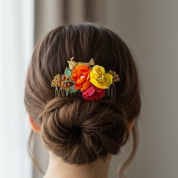Gold Bird Floral Hair Comb Autumn Rose Bridal Boho Vintage-Inspired Accessory - Picture 2 of 5